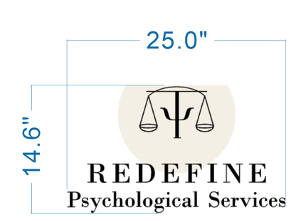 Logo: beige circle with black psi-shaped scales, REDEFINE Psychological Services, blue measurements 25.0" x 14.6".