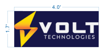 Navy banner with yellow-orange lightning bolt left and white VOLT above TECHNOLOGIES, blue 4.0'×1.7' dimensions.