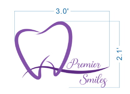 Purple heart-shaped tooth dental logo with swoosh and script 'Premier Smiles', blue measurement lines 3.0'×2.1'.