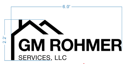 Black GM ROHMER SERVICES, LLC logo with stylized roof and post on white background, blue 6.0' 2.2' dimension lines.