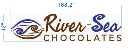 River Sea Chocolates logo: brown 'River', blue 'Sea', brown 'CHOCOLATES', left blue-brown wave icon, dims 168.2"×42".