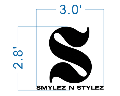 Black stylized S logo on white background with blue dimension labels 3.0' (top) and 2.8' (left) and SMYLEZ N STYLEZ.