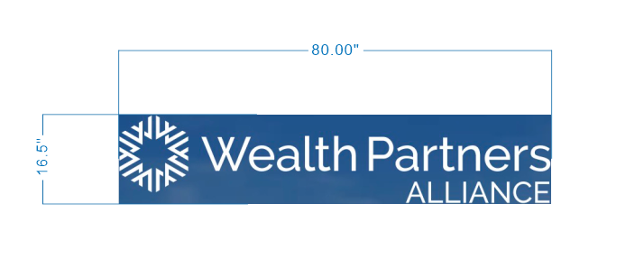 Blue banner with white circular logo left, 'Wealth Partners ALLIANCE' text, dimensions 80.00" x 16.5"