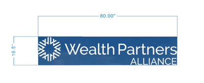 Blue banner with white circular logo left, 'Wealth Partners ALLIANCE' text, dimensions 80.00" x 16.5"