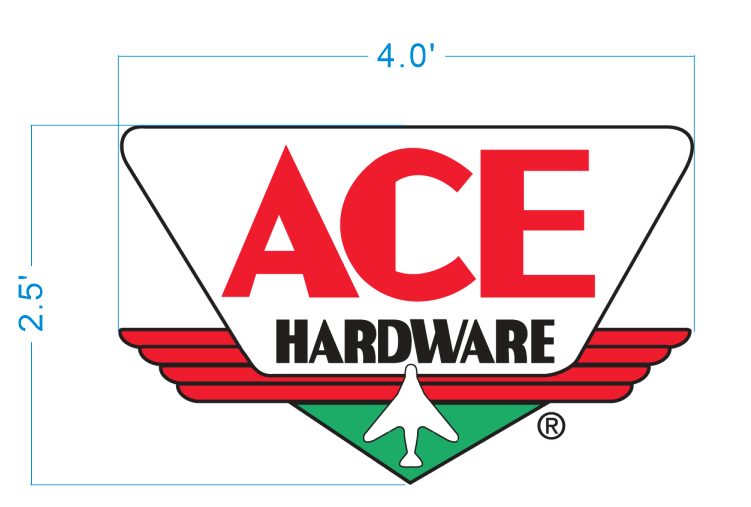 Custom Ace Hardware vintage badge logo sign size proof by Volt Signs, 4 foot wide layout with retro winged emblem and plane mascot.