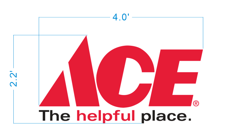 Ace Hardware The Helpful Place modern logo sign size proof, 4 foot wide layout with red wedge mark and wordmark for hardware store branding.