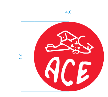 Ace Hardware vintage round logo sign size proof, 4 foot square layout with red circle and white plane mascot for hardware store branding.