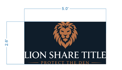 Navy sign 5.0'×2.6' with copper lion head above white serif 'LION SHARE TITLE' and copper tagline 'PROTECT THE DEN'