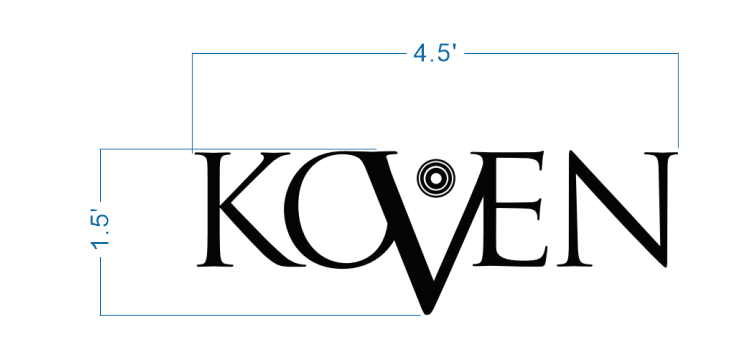 Koven logo sign size proof, 4.5 foot wide layout with black serif wordmark and eye motif inside V for distinctive brand storefront.