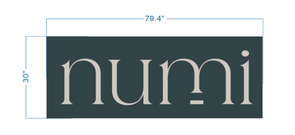 numi storefront logo sign size proof, 79.4 inch wide layout with cream serif lowercase wordmark on teal background for retail brand.