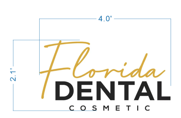 Florida Dental Cosmetic logo sign size proof, 4 foot wide layout with gold script Florida and bold DENTAL wordmark for dental office.