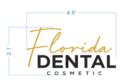 Florida Dental Cosmetic logo sign size proof, 4 foot wide layout with gold script Florida and bold DENTAL wordmark for dental office.