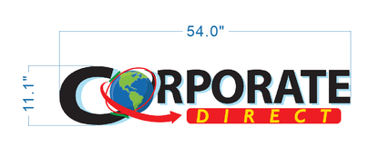 Dimension drawing of a custom Corporate Direct sign measuring 54 by 11.1 inches with globe and arrow design for Volt Signs.