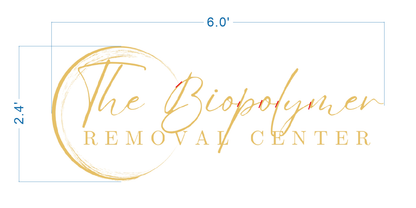 Dimension drawing of a custom gold script and serif font sign for The Biopolymer Removal Center, measuring 6 by 2.4 feet