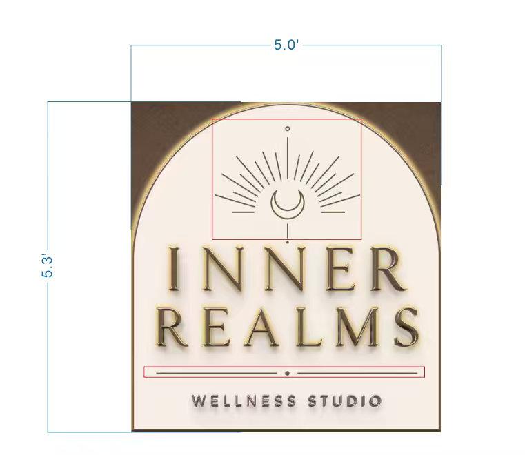 Inner Realms Wellness Studio arched sign size proof, 5 foot wide layout with sun moon emblem and elegant serif wordmark for wellness brand.