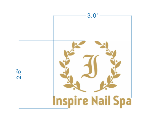 Inspire Nail Spa logo sign size proof, 3 foot wide layout with gold I monogram inside laurel wreath and wordmark for nail salon brand.