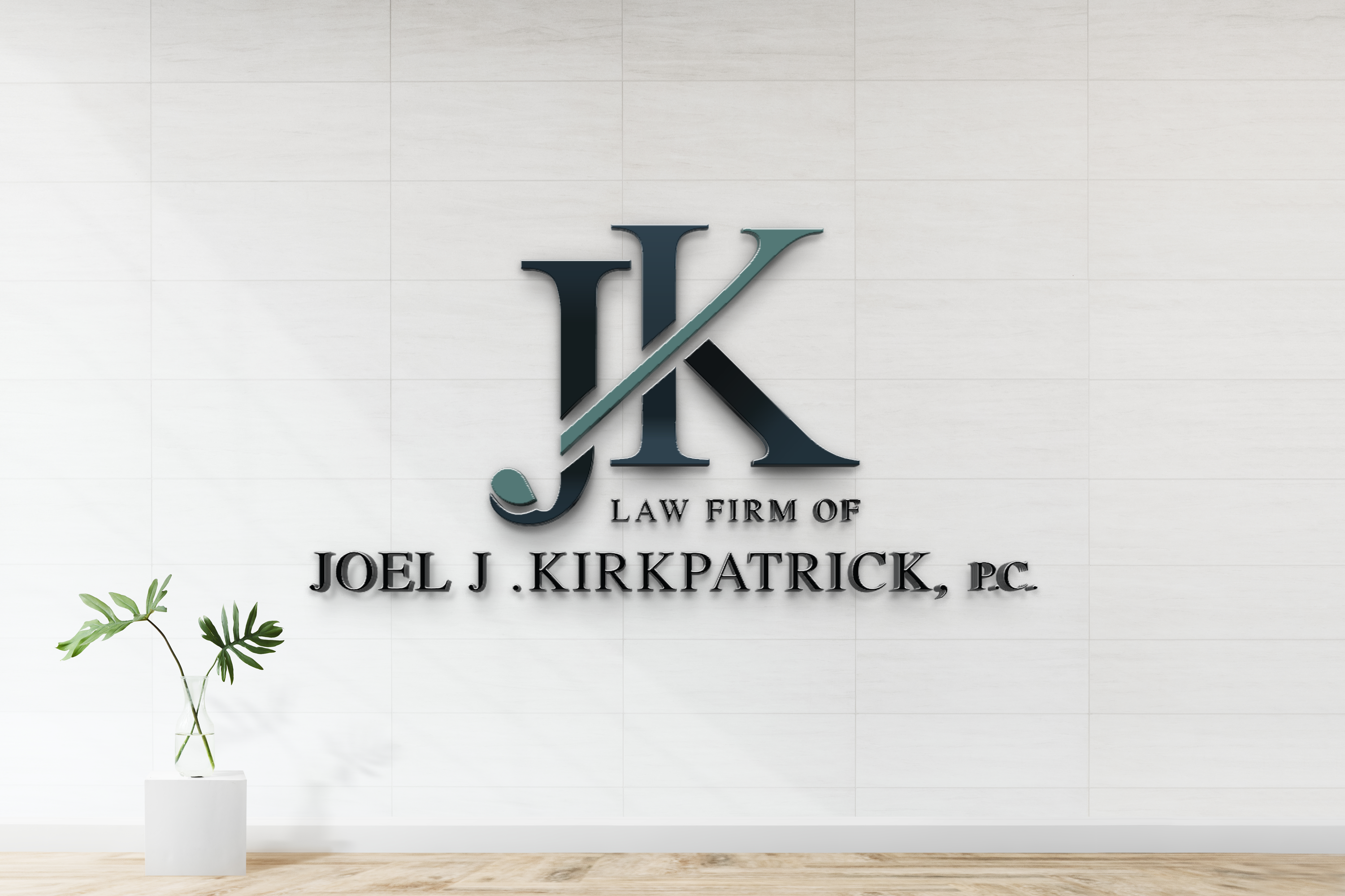 Joel J Kirkpatrick Law Firm 3D dark teal JK monogram logo sign with wordmark, nonlit dimensional letters on tile wall, attorney office mockup.