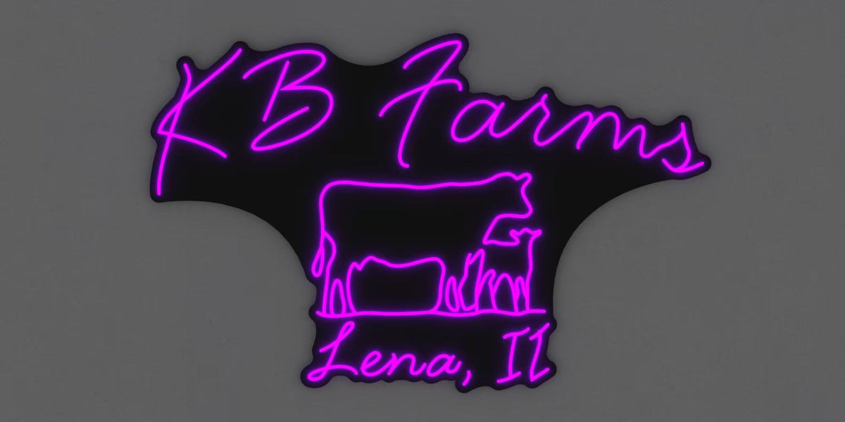 Purple neon sign reading KB Farms in cursive with outlined cow and calf and script Lena, IL on gray wall.