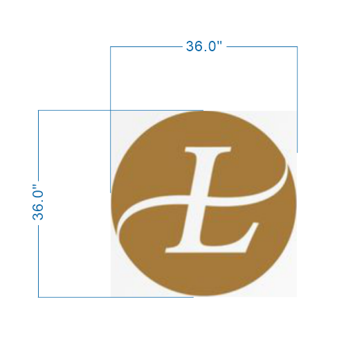 Custom L monogram round logo sign size proof by Volt Signs, 36 inch square gold disc with elegant cursive L for personal branding.
