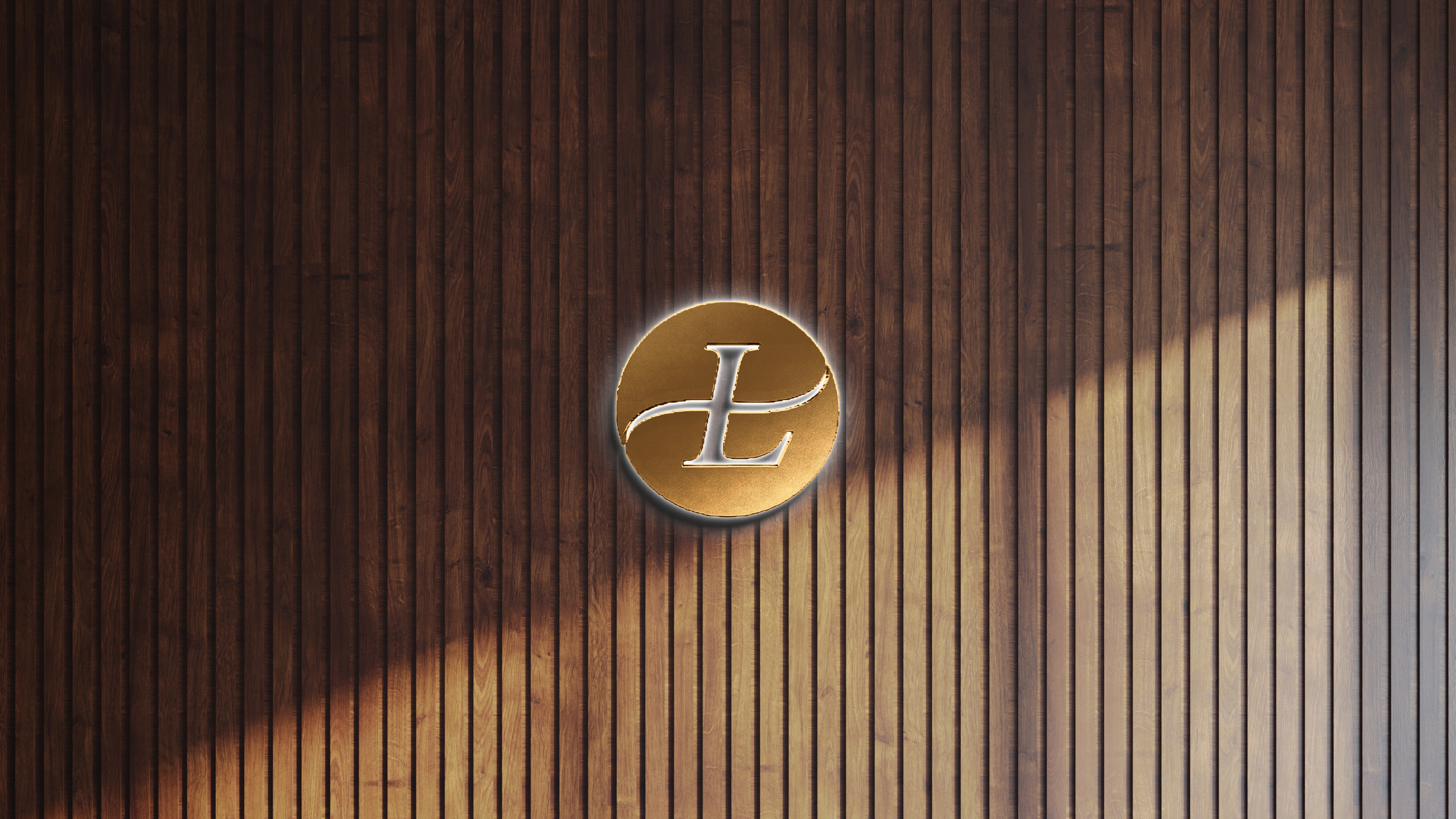 Custom round gold metal L monogram sign with halo LED backlighting, brushed disc with elegant cut letter on dark wood slat wall.
