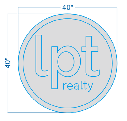 Circular 40" x 40" logo diagram: grey disk with double blue outline and 'lpt realty' lowercase blue text centered