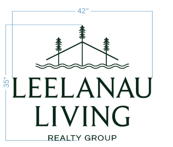 Leelanau Living Realty Group logo sign size proof, 42 inch wide layout with green wordmark and pine tree water emblem for real estate brand.