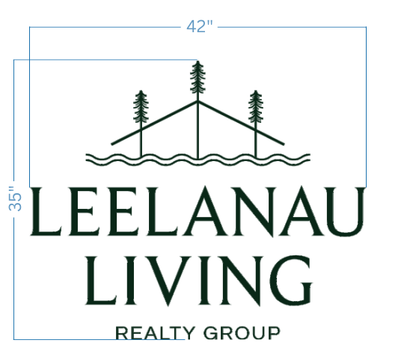 Leelanau Living Realty Group logo sign size proof, 42 inch wide layout with green wordmark and pine tree water emblem for real estate brand.