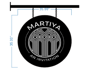 Martiya An Invitation round hanging blade sign size proof, 35 inch diameter with art deco emblem and mounting bracket for boutique storefront.