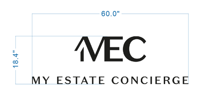 Size drawing of a custom 60-inch wide by 18.4-inch high MEC My Estate Concierge sign for Volt Signs signage design.