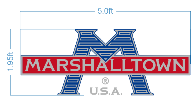 Custom Marshalltown USA logo sign 5 foot wide size proof variant by Volt Signs with blue M monogram and red banner wordmark for manufacturing brand.
