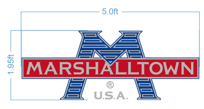 Custom Marshalltown USA logo sign 5 foot wide size proof variant by Volt Signs with blue M monogram and red banner wordmark for manufacturing brand.