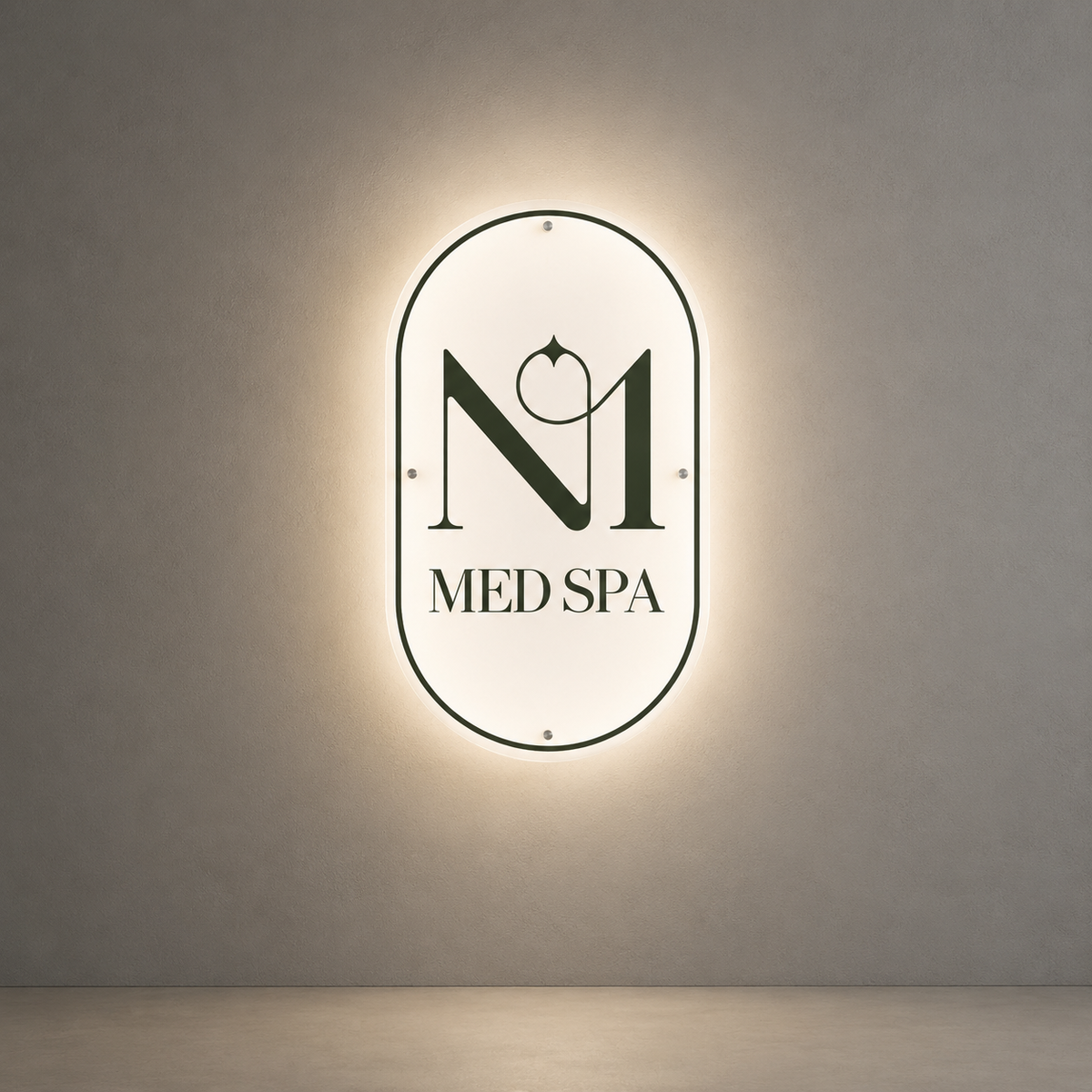 Backlit acrylic plaque mockup for Med Spa signage with elegant black lettering and modern wall mounting by Volt Signs