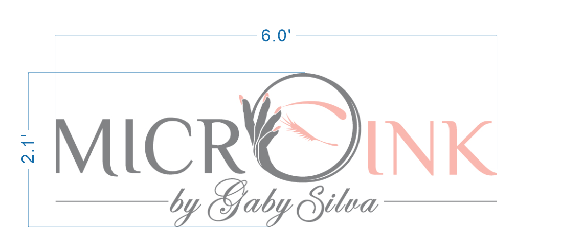 Custom Microink by Gaby Silva microblading studio logo sign size proof by Volt Signs, 6 foot wide layout with gray and pink wordmark and feather icon.