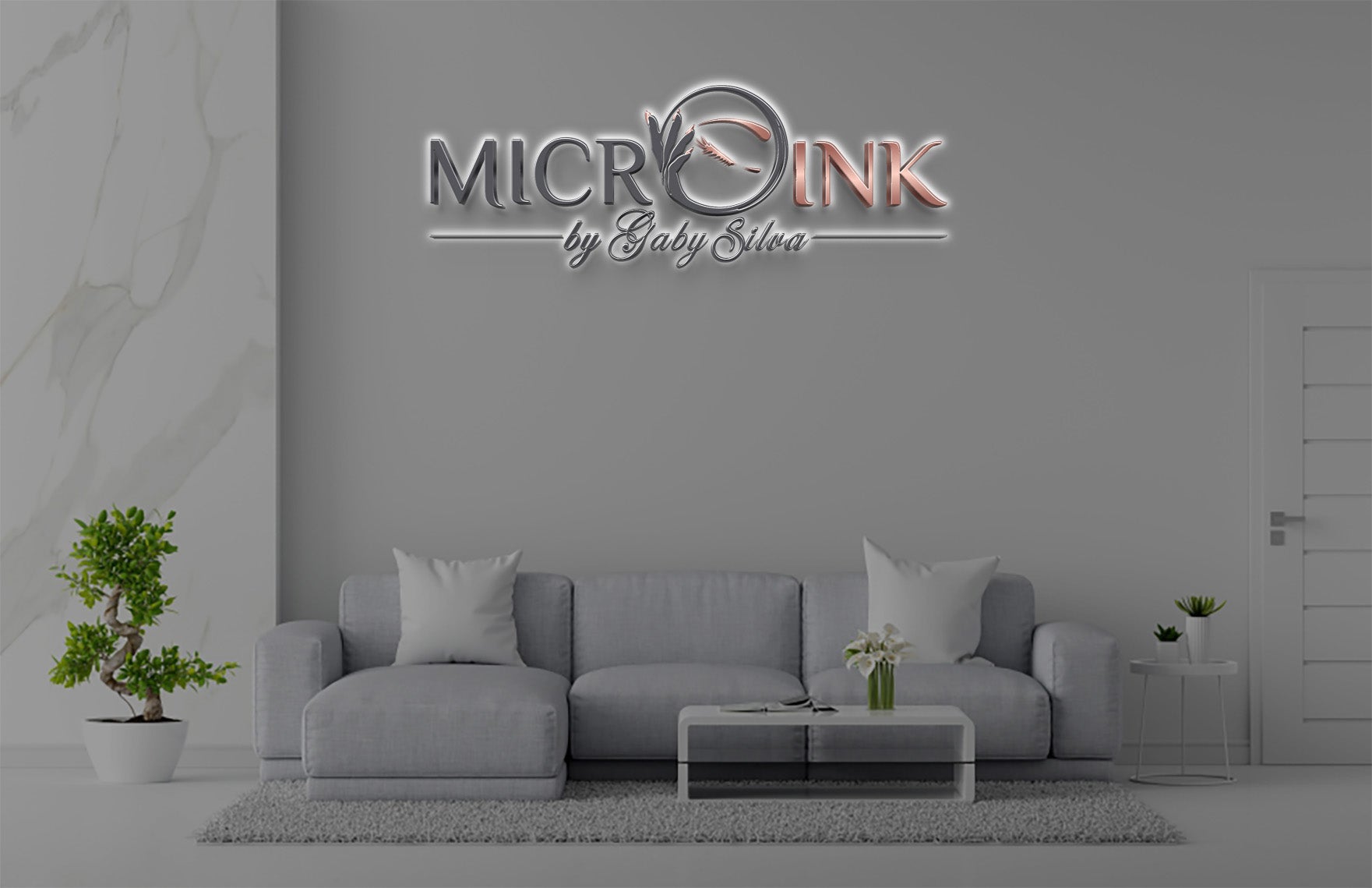 Microink by Gaby Silva 3D halo backlit logo sign with silver and rose gold lettering and feather emblem on lounge wall mockup, microblading studio.