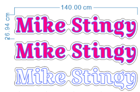 Custom Mike Stingy LED neon sign technical drawing by Volt Signs, 140 cm wide design with three color variants in pink and blue script options.