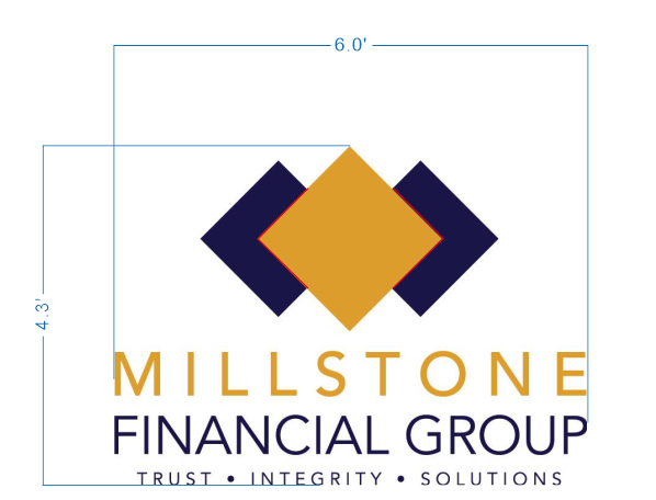 Custom Millstone Financial Group logo sign size proof by Volt Signs, 6 foot wide layout with gold and navy diamond crest and Trust Integrity Solutions tagline.
