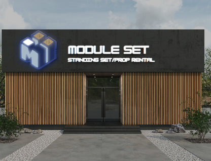 Studio storefront with black sign MODULE SET STANDING SET/PROP RENTAL, glowing cube logo, wooden slat facade, glass.