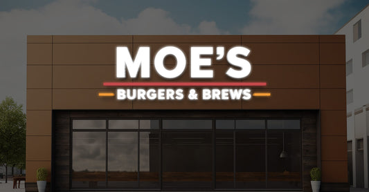 Moes metal business sign design mockup showing logo style and finish, design mockup by Volt Signs