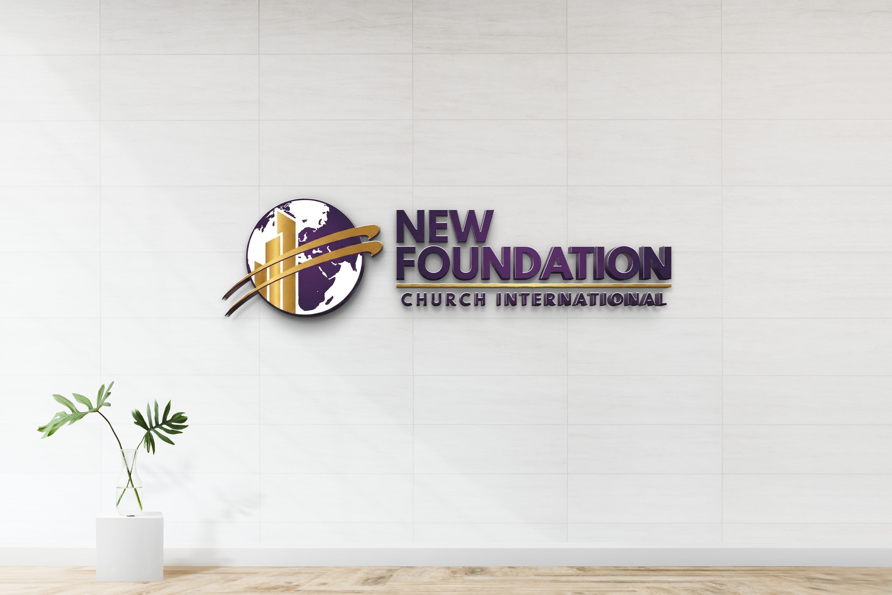 Custom New Foundation Church International 3D dimensional purple logo sign by Volt Signs with globe and skyline emblem on tile interior wall.