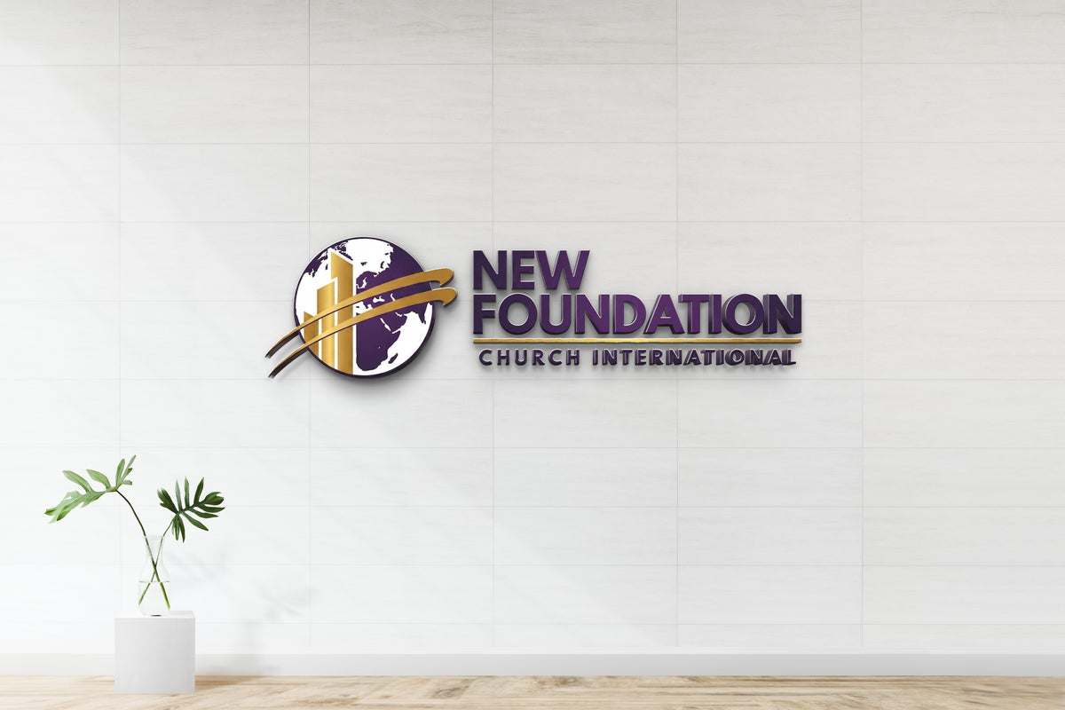 Custom New Foundation Church International 3D dimensional purple logo sign by Volt Signs with globe and skyline emblem on tile interior wall.