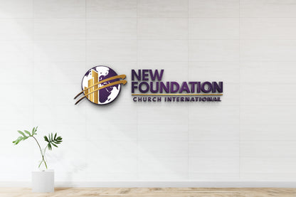 Custom New Foundation Church International 3D dimensional purple logo sign by Volt Signs with globe and skyline emblem on tile interior wall.