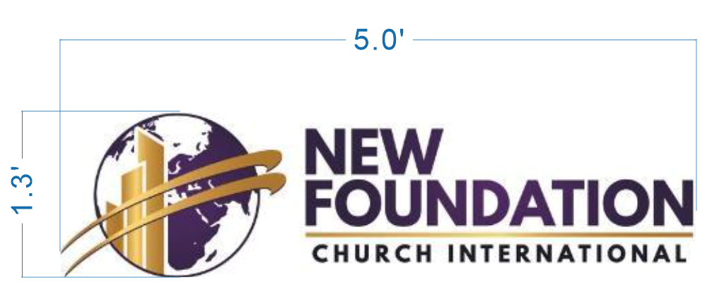 New Foundation Church International logo sign size proof, 5 foot wide layout with purple wordmark and globe skyline emblem with gold orbit accent.