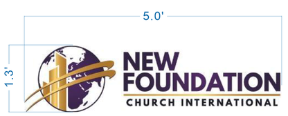 New Foundation Church International logo sign size proof, 5 foot wide layout with purple wordmark and globe skyline emblem with gold orbit accent.