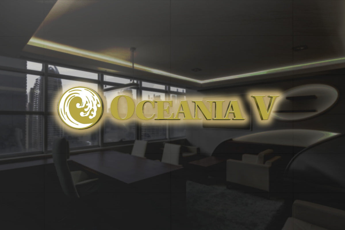A dim modern office with floor-to-ceiling windows and a gold glowing 'OCEANIA V' logo and wave emblem.