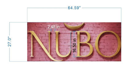 NUBO 3D gold metal logo sign size proof by Volt Signs, 64 inch wide layout on red brick wall, crescent ornament accent for storefront.