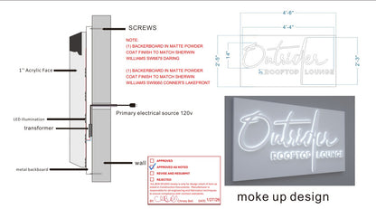 Sign design drawing and photo of white LED 'Outrider Rooftop Lounge' script, side elevation, dimensions and paint notes.