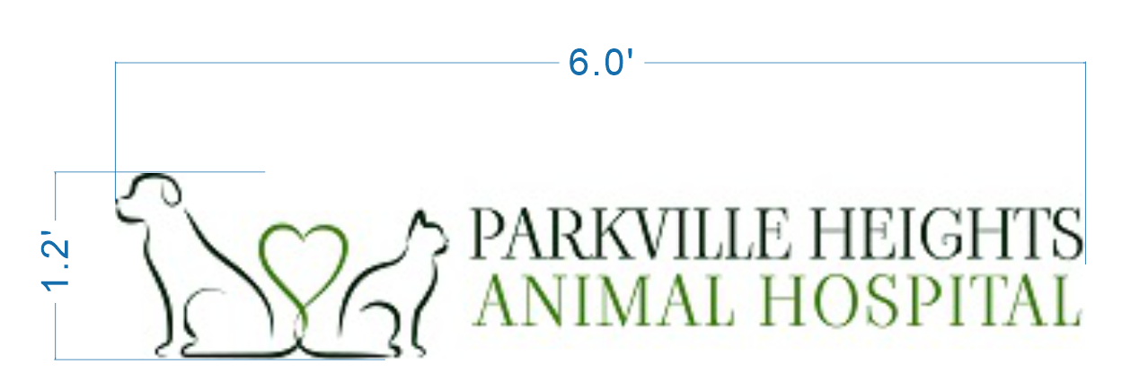 Parkville Heights Animal Hospital logo sign size proof, 6 foot wide layout with dog and cat silhouettes and heart for veterinary clinic.