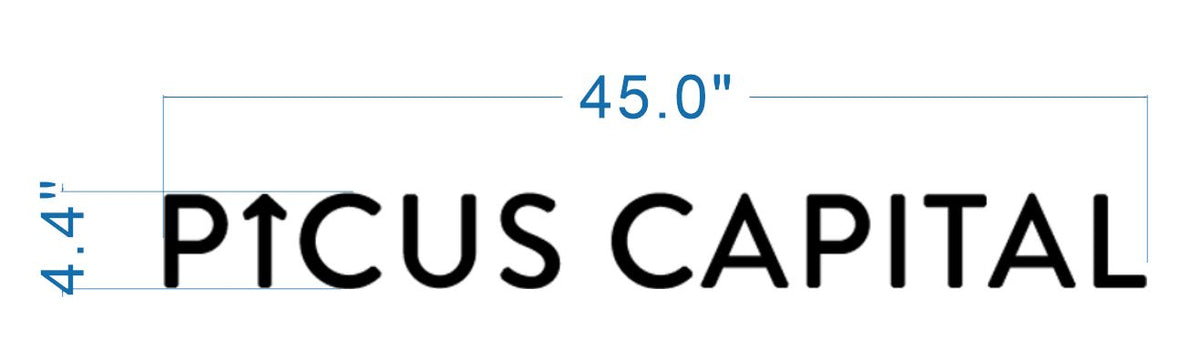 Black PTCUS CAPITAL logo on white background with upward-arrow T; blue measurement lines labeled 45.0" and 4.4"
