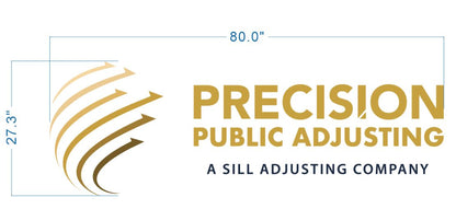 Gold curved arrow globe with gold text PRECISION PUBLIC ADJUSTING and navy tagline A SILL ADJUSTING COMPANY, annotate.