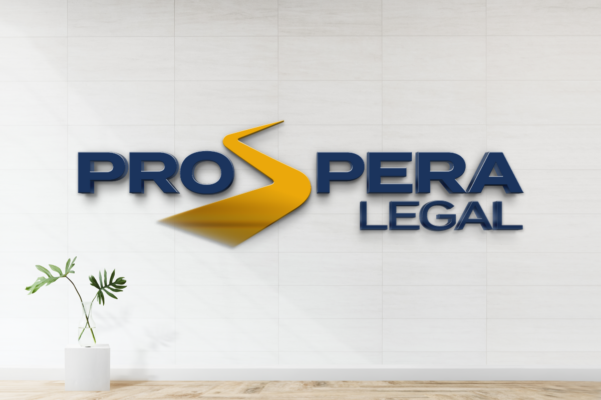 3D navy 'PROSPERA LEGAL' sign with a yellow ribbon-shaped S logo on white tiled wall above vase plant